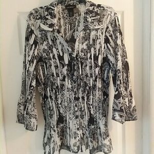 Black and white printed button down shirt.